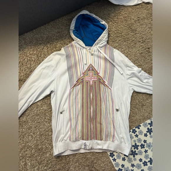 Lrg Other - Lrg White Hoodie with Multicolor Striped Front and Blue Lined Hood
